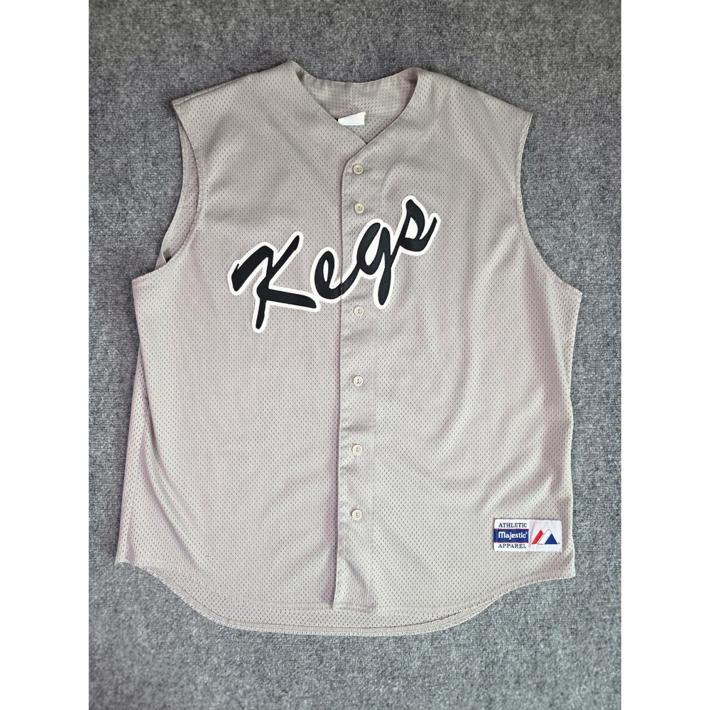 Majestic Kegs Baseball Jersey Mens XL Grey Sleeveless Mesh Full Button USA Made